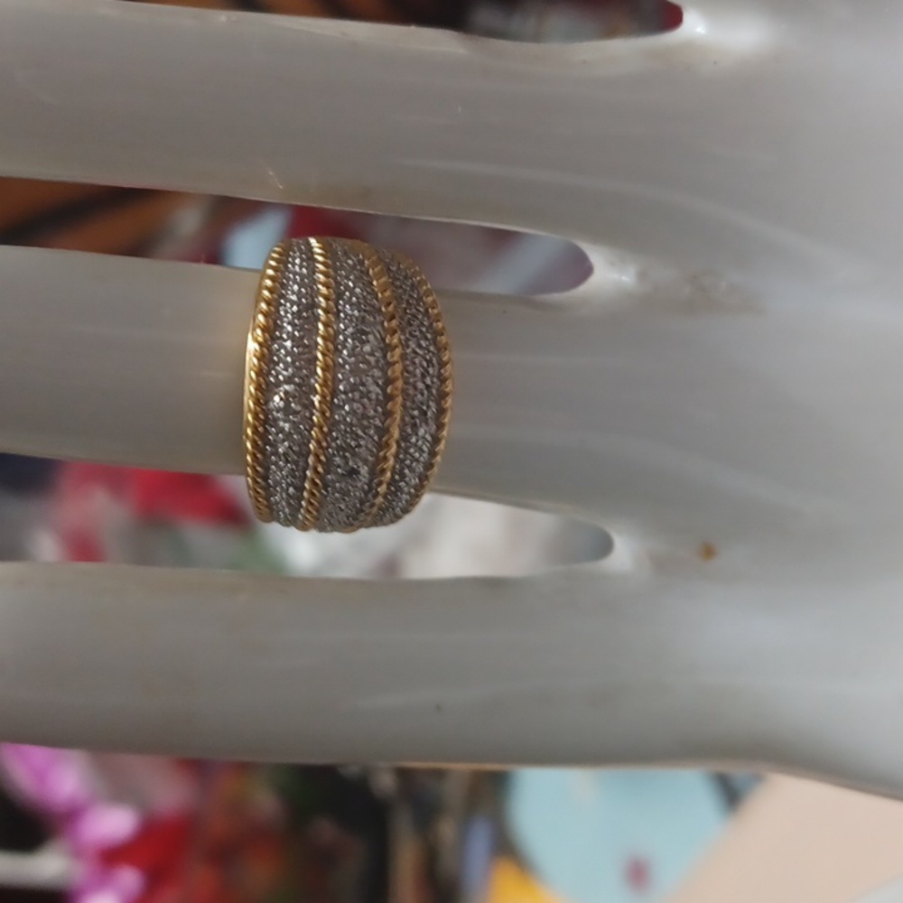 Solid 925 sterling silver and gold washed ring with diamond chips
